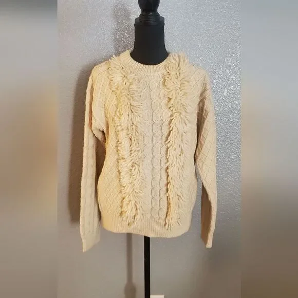 Tory Burch Cream Ivory Cable Knit Wool Fringe Pullover Sweater Women’s Size M - Picture 4 of 16